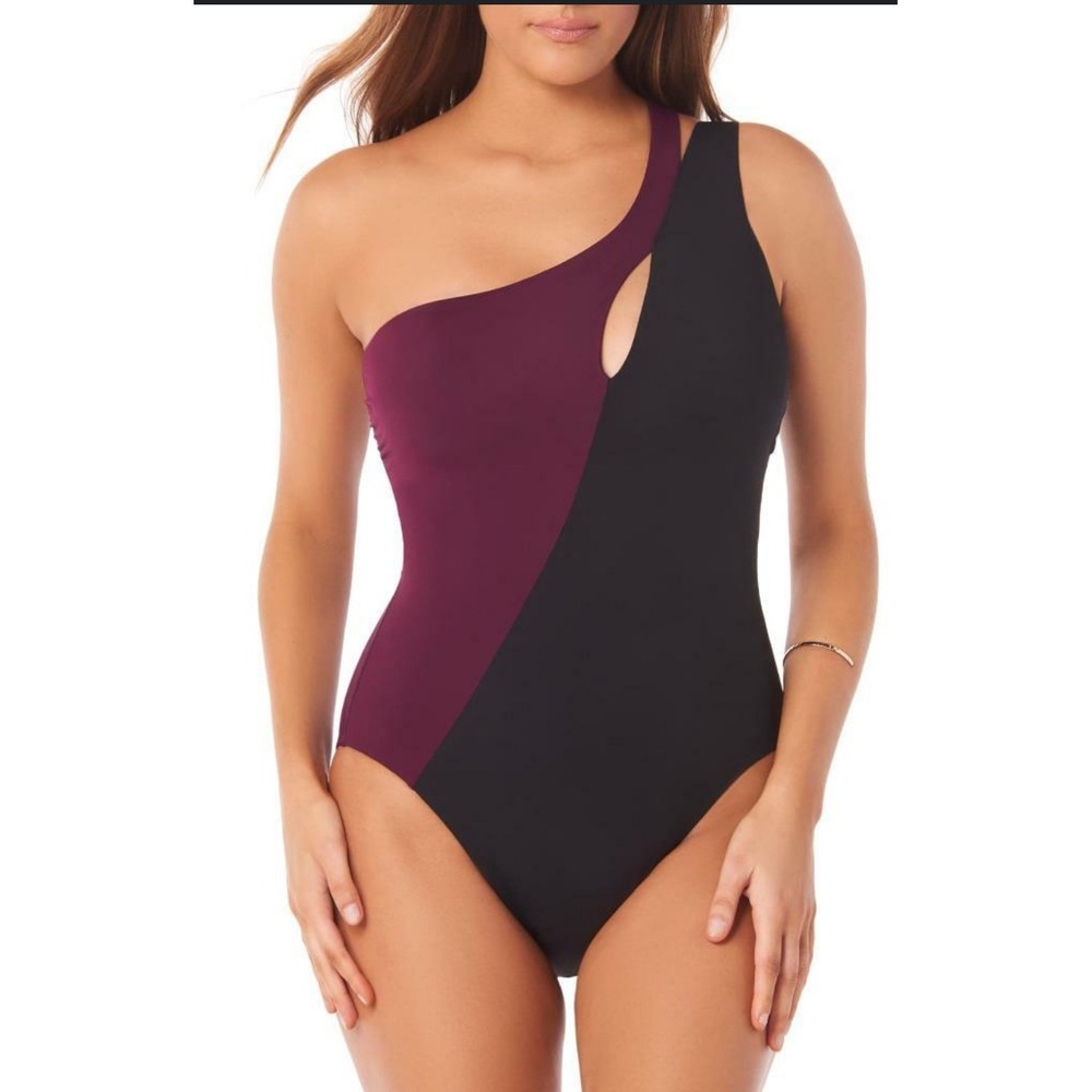 Amoressa Phantom Leroux One-Shoulder Swimsuit Size 8 Burgundy Black‎ Swim EUC